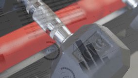 Camera panning revealing hexagonal dumbbell sliding on red bench while tracking performance stats. Fitness, strength, training, data visualization, performance analytics, gym equipment, technology - Powered by Shutterstock - Get 15% off with code: PIKWIZARD15