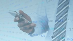 Financial analyst tapping smartphone and scrolling translucent financial charts for market analysis. Technology, finance, analytics, data, investment, stockmarket, trading - Powered by Shutterstock - Get 15% off with code: PIKWIZARD15