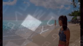 Digital overlay springing to life on beach, woman tracking rotating reticle scanning globe data. Futuristic, technology, holographic, interface, coastal, environment, data - Powered by Shutterstock - Get 15% off with code: PIKWIZARD15