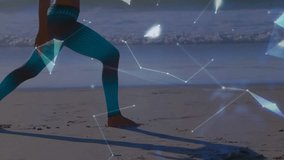 Health tech showing woman holding lunge raising arms up polygons merge into globe showing network. Fitness, wellness, digital, futuristic, activewear, meditative, mobility - Powered by Shutterstock - Get 15% off with code: PIKWIZARD15