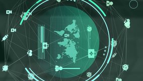 Animation of circular scanner processing world map and network of medical icons on dark background. Network, data, healthcare, medicine, digital interface and communication, digitally generated video. - Powered by Shutterstock - Get 15% off with code: PIKWIZARD15