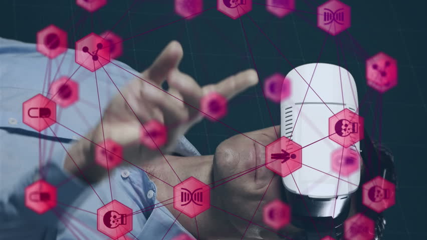 Animation of network of connections with icons over man wearing vr headset and data processing. global data processing, digital interface, technology and networking concept digitally generated vide - Powered by Shutterstock - Get 15% off with code: PIKWIZARD15