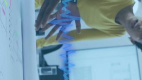 Animation of music equalizer over three diverse female colleagues discussing together at office. Business technology concept - Powered by Shutterstock - Get 15% off with code: PIKWIZARD15