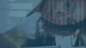 Animation of infographic interface over circles and smiling african american businesswoman. Digital composite, multiple exposure, report, finance, global, office, entrepreneur and abstract concept. - Powered by Shutterstock - Get 15% off with code: PIKWIZARD15