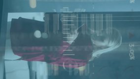 Animation of social media icons over caucasian businesswoman using smartphone at office. Global business, social media, communication and data processing concept digitally generated video. - Powered by Shutterstock - Get 15% off with code: PIKWIZARD15