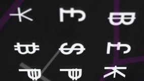 Animation of currency symbols over scope scanning with shapes on black background. Global technology, computing and digital interface concept digitally generated video. - Powered by Shutterstock - Get 15% off with code: PIKWIZARD15