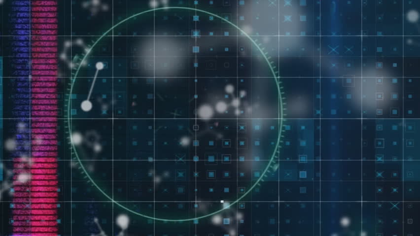 Vhs glitch effect and scope scanning over covid-19 cell against molecular structures. covid-19 pandemic and medical research science technology concept