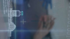 Animation of financial data processing over business people. Covid cells floating over woman wearing face mask riding bike wearing. - Powered by Shutterstock - Get 15% off with code: PIKWIZARD15