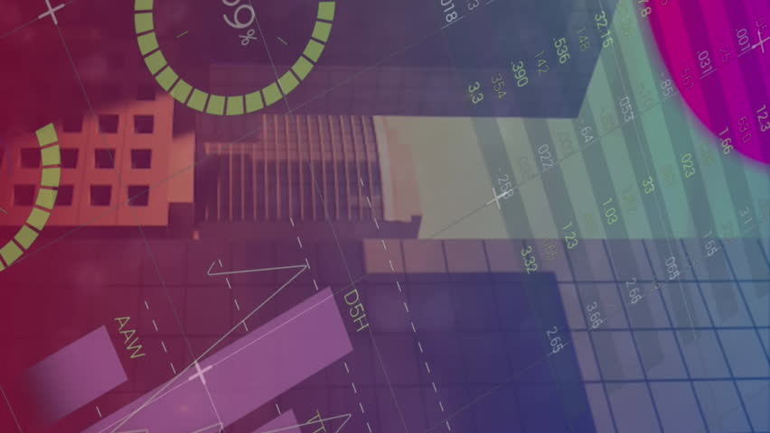 Animation of statistical data processing over liquid abstract shapes against tall buildings. Computer interface and business technology concept - Powered by Shutterstock - Get 15% off with code: PIKWIZARD15