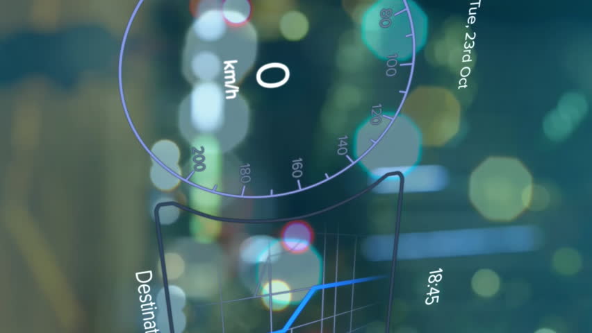Animation of electric car speedometer data processing over city. Global car travel, business, finances, computing and data processing concept digitally generated video. - Powered by Shutterstock - Get 15% off with code: PIKWIZARD15