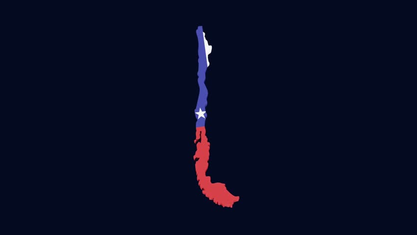 4K motion animation of the Chile map filled with national flag colors on a dark neutral background. Ideal for educational, digital, and creative use.