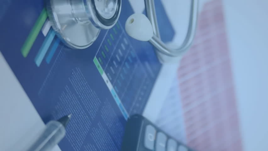 Animation of business icons over stethoscope and calculator. Medicine, technology and digital interface concept digitally generated video. - Powered by Shutterstock - Get 15% off with code: PIKWIZARD15