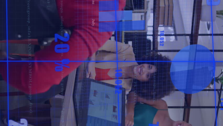 Business team collaborating in office with financial data animation overlaid. teamwork, collaboration, finance, technology, meeting, brainstorming - Powered by Shutterstock - Get 15% off with code: PIKWIZARD15