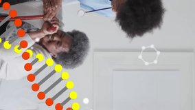 Healthcare worker assisting elderly woman with DNA strand animation overlay. assistance, genetics, innovation, biotechnology, aging, support - Powered by Shutterstock - Get 15% off with code: PIKWIZARD15