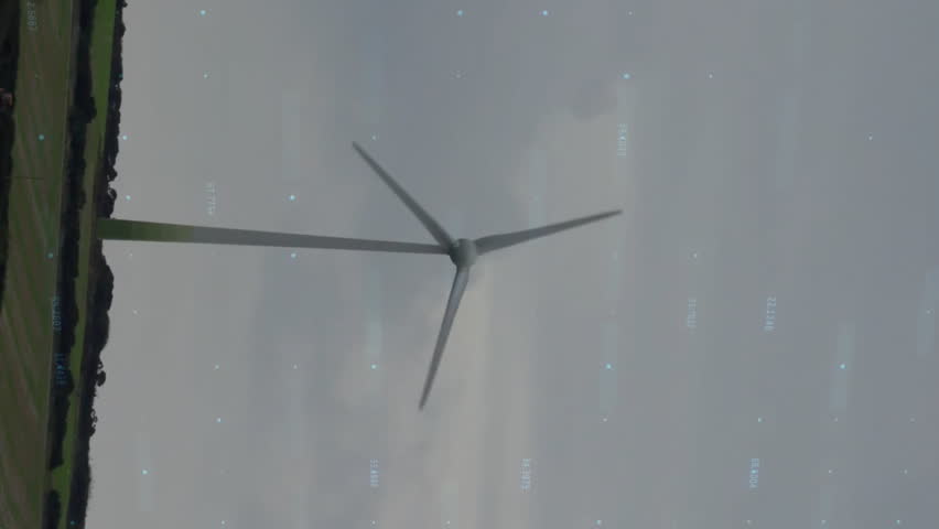 Wind turbine in countryside with financial data processing animation overlay. Renewable, energy, sustainability, finance, technology, innovation - Powered by Shutterstock - Get 15% off with code: PIKWIZARD15