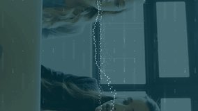 Diverse team collaborating at office with digital sound wave animation overlay. Teamwork, collaboration, business, technology, innovation, digital transformation - Powered by Shutterstock - Get 15% off with code: PIKWIZARD15