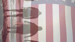 Animation of flag of usa and light trails over diverse friends jumping on beach. Patriotism and celebration concept digitally generated video. - Powered by Shutterstock - Get 15% off with code: PIKWIZARD15