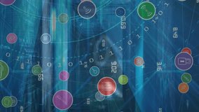 Animation of network of connections with icons over globe. Global connections, data processing and digital interface concept digitally generated video. - Powered by Shutterstock - Get 15% off with code: PIKWIZARD15