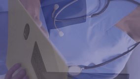 Animation of notification icons with numbers over female caucasian doctor holding folder. Digital composite, multiple exposure, hospital, social media, medical and healthcare concept. - Powered by Shutterstock - Get 15% off with code: PIKWIZARD15