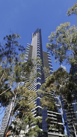 Skyscraper from low angle in Melbourne rising above green trees and vibrant blue sky