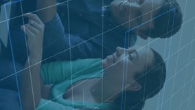 Animation of multiple graphs and changing numbers, diverse couple discussing expenses in home. Digital composite, multiple exposure, report, business, growth, love, togetherness and technology. - Powered by Shutterstock - Get 15% off with code: PIKWIZARD15