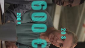 Animation of data with currency symbols over diverse colleagues discussing work in office. Global business, teamwork and digital interface concept digitally generated video. - Powered by Shutterstock - Get 15% off with code: PIKWIZARD15