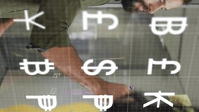 Animation of currency symbols over diverse colleagues discussing work in office. Global business, teamwork and digital interface concept digitally generated video. - Powered by Shutterstock - Get 15% off with code: PIKWIZARD15