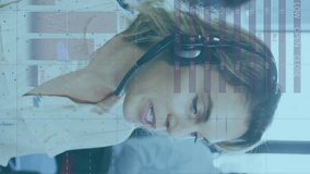 Animation of financial data processing over caucasian businesswoman using phone headset in office. Global business, finances, computing and digital interface concept digitally generated video. - Powered by Shutterstock - Get 15% off with code: PIKWIZARD15