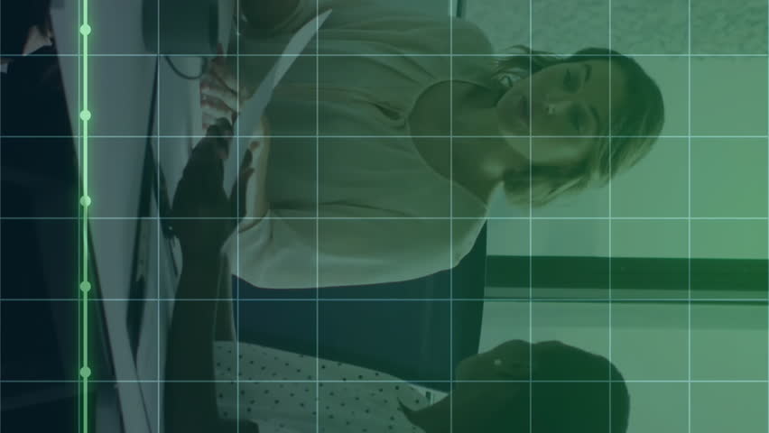 Animation of financial data processing over diverse colleagues discussing work in office. Global business, finances, computing and digital interface concept digitally generated video. - Powered by Shutterstock - Get 15% off with code: PIKWIZARD15