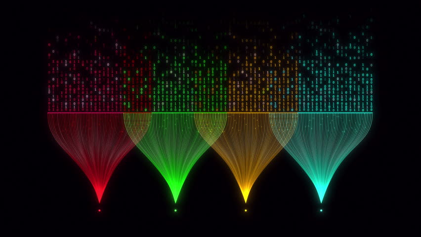 Data stream loop animation with colorful curved lines flowing into binary code on a black background, symbolizing AI, big data, data processing, and artificial intelligence systems.