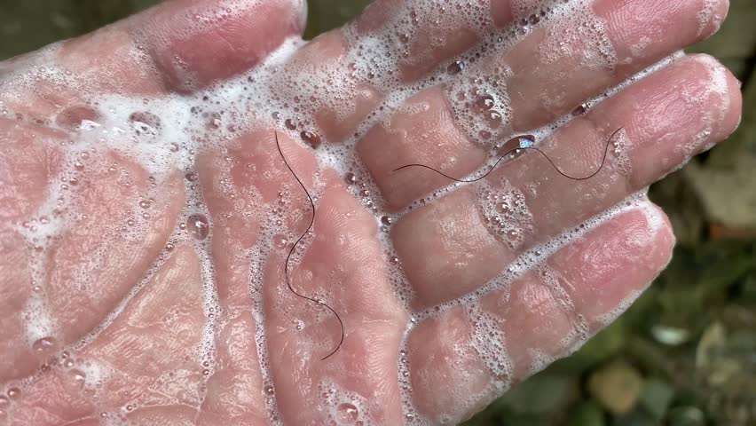 A hand covered in soap suds while washing with pubic hair falling out. This problem could indicate an underlying issue like a skin condition or infection