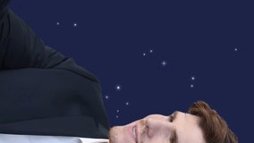 Animation of stars and moon over caucasian man. Global business and digital interface concept digitally generated video. - Powered by Shutterstock - Get 15% off with code: PIKWIZARD15