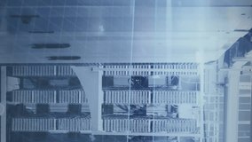 Animation of mathematical equations and diagrams with lens flare over server room. Digital composite, multiple exposure, problems solving, network security, time, networking, technology. - Powered by Shutterstock - Get 15% off with code: PIKWIZARD15