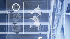 Animation of graphs, map, database and mathematical equations over server room in background. Digital composite, multiple exposure, global, networking, technology and network server concept. - Powered by Shutterstock - Get 15% off with code: PIKWIZARD15