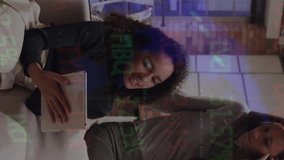 Animation of stock market data processing over diverse female colleagues discussing at office. Global economy and business technology concept - Powered by Shutterstock - Get 15% off with code: PIKWIZARD15