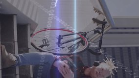 Animation of stock market data processing against albino man using smartphone on the stairs. Global economy and business technology concept - Powered by Shutterstock - Get 15% off with code: PIKWIZARD15