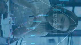 Animation of stock market data processing against team of diverse colleagues discussing at office. Global economy and business technology concept - Powered by Shutterstock - Get 15% off with code: PIKWIZARD15