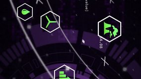 Animation of eco icons, digital data processing over scope scanning. Global connections, computing and data processing concept digitally generated video. - Powered by Shutterstock - Get 15% off with code: PIKWIZARD15