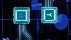Animation of data processing and padlock and key icons over dark background. Global cyber security, connections, computing and data processing concept digitally generated video. - Powered by Shutterstock - Get 15% off with code: PIKWIZARD15