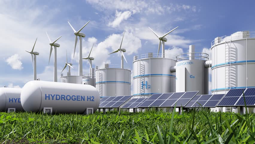 Hydrogen energy plant with wind turbines and solar panels- 3D rendering