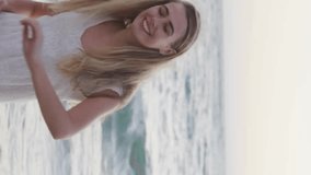 Walking on beach, woman seeing social media notifications animation. Vacation, relaxation, ocean, sand, technology, summer - Powered by Shutterstock - Get 15% off with code: PIKWIZARD15