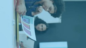 In office, diverse team discussing bar graph data and animation during meeting. Teamwork, collaboration, analytics, brainstorming, corporate, business - Powered by Shutterstock - Get 15% off with code: PIKWIZARD15