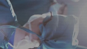 In school, surgeons performing operation with digital animation overlaying scene. Surgery, technology, healthcare, innovation, teamwork, medicine - Powered by Shutterstock - Get 15% off with code: PIKWIZARD15