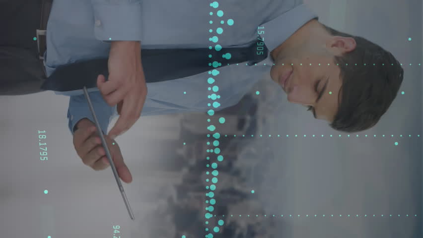 Animation of data processing over caucasian businessman using tablet and cityscape. Global business and digital interface concept digitally generated video. - Powered by Shutterstock - Get 15% off with code: PIKWIZARD15