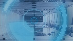 Animation of interface with round scanner, statistical data processing against computer server room. Computer interface and business data storage technology concept - Powered by Shutterstock - Get 15% off with code: PIKWIZARD15