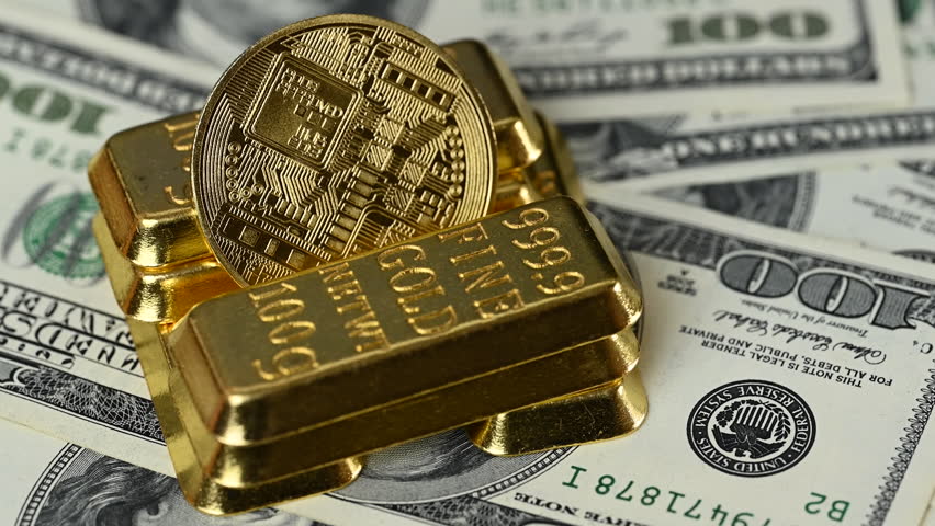 video of hundred dollar bills with bitcoin coins close up