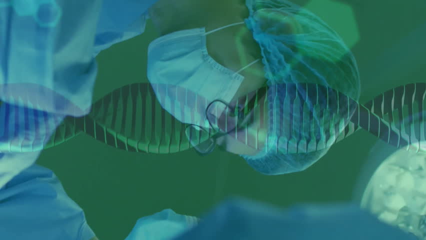 Animation of data processing and dna strands over diverse surgeons during operation. Technology, medicine and digital interface concept digitally generated video. - Powered by Shutterstock - Get 15% off with code: PIKWIZARD15