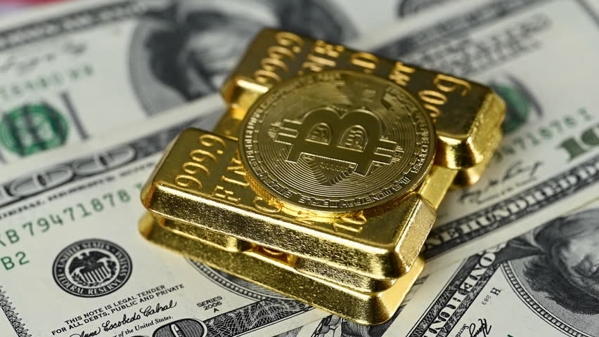 video of hundred dollar bills with bitcoin coins close up