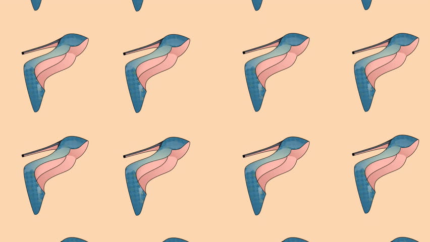 Animation of blue high heels repeated on orange backgroud. fashion and accessories background pattern concept digital animation.