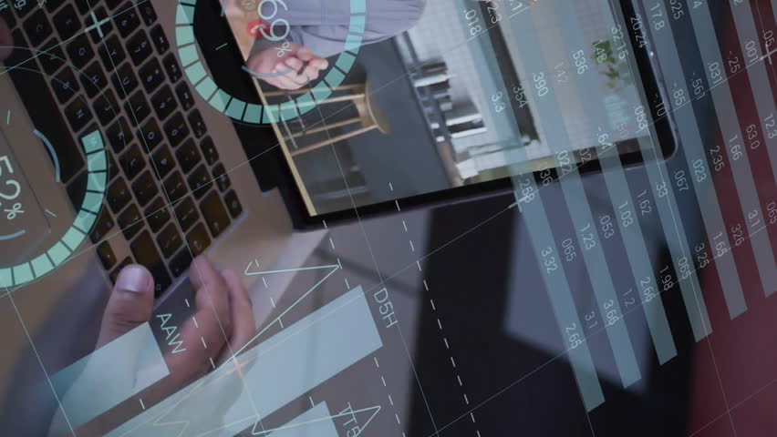 Person using laptop for video call with financial data animation overlay. Technology, communication, virtual meeting, finance, analytics, digital - Powered by Shutterstock - Get 15% off with code: PIKWIZARD15